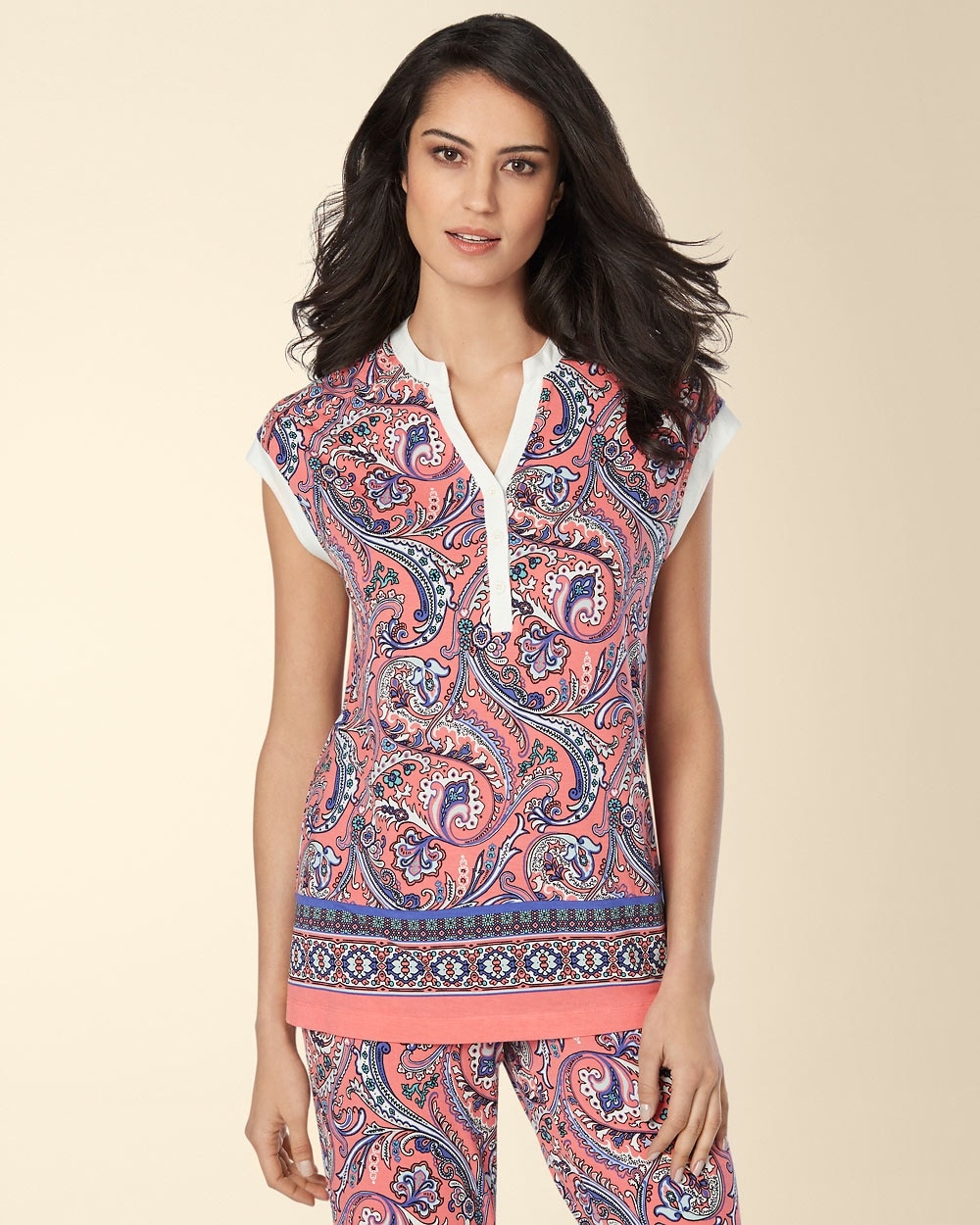 Embraceable Cool Nights Pop Over Pajama Top Ambition Tea Rose Border