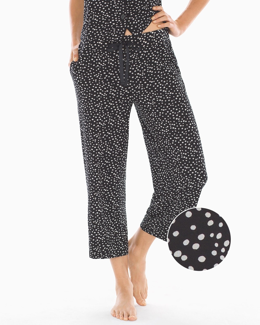 Cool Nights Grosgrain Trim Crop Pajama Pants Sensational Dot Blk Ivry