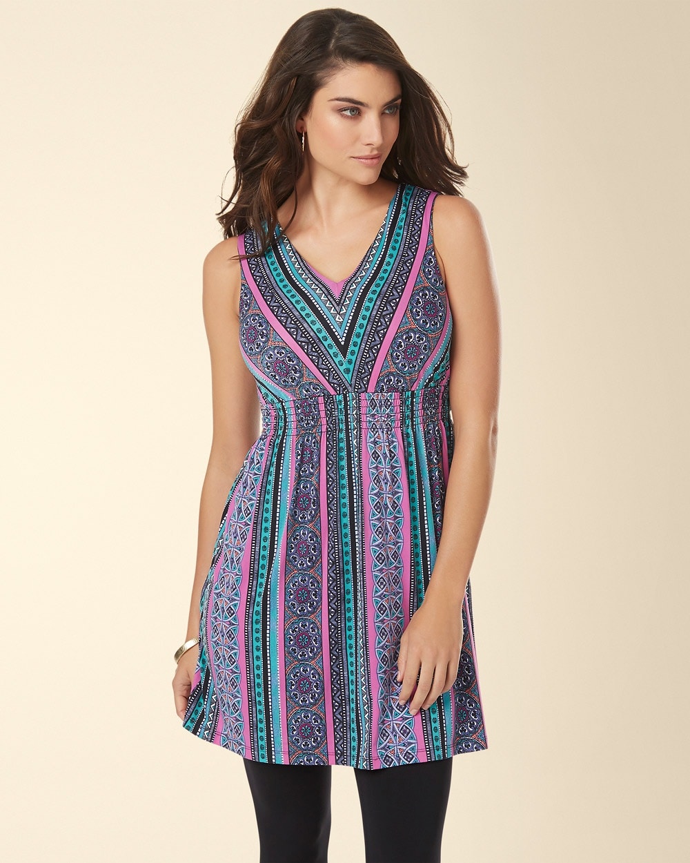 Sleeveless Smocked Empire Waist Tunic Cultured Stripe