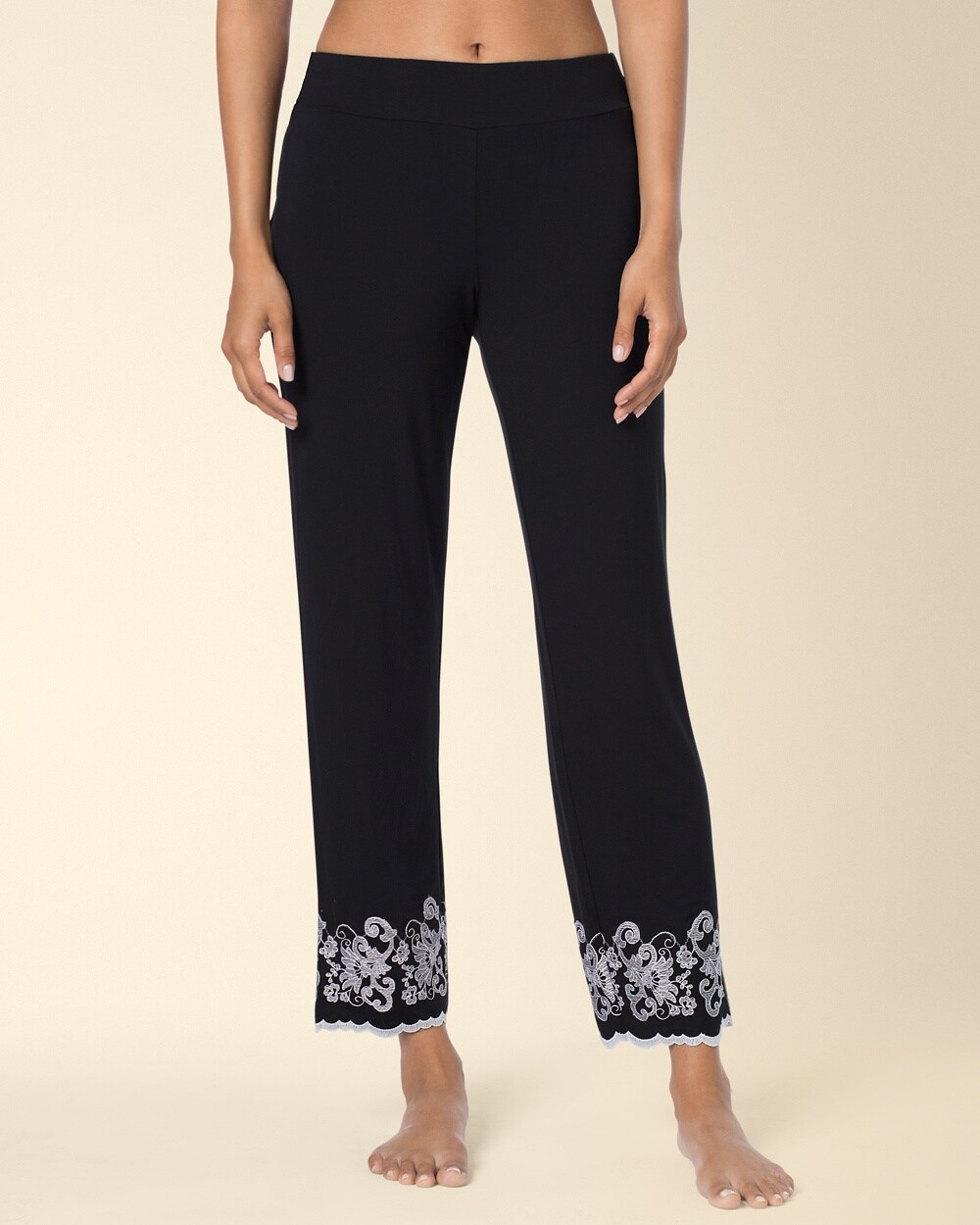Scalloped Embroidery Ankle Pajama Pants Black with Ivory Lace