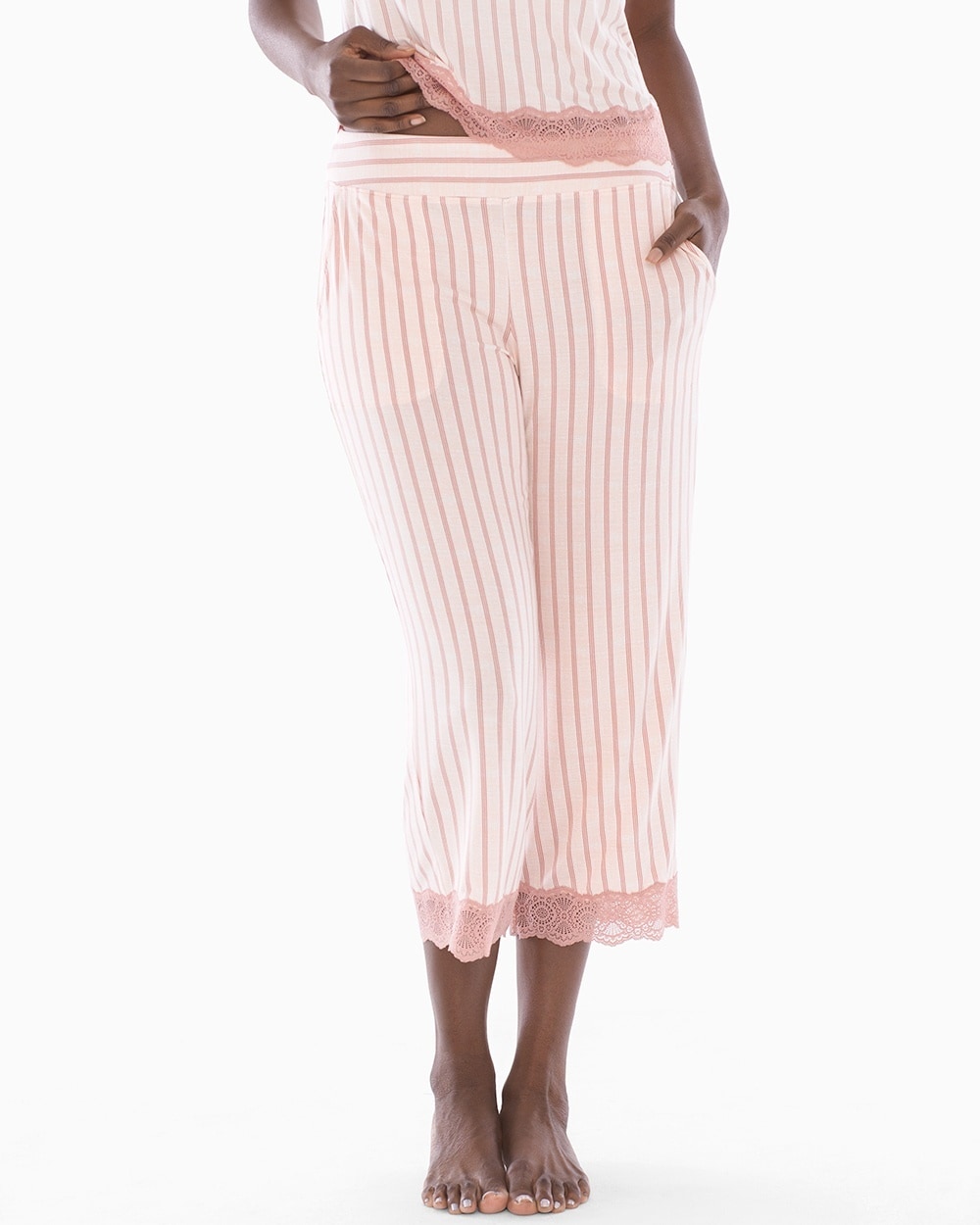 Cool Nights Lace Trim Crop Pajama Pants Heritage Stripe Peach