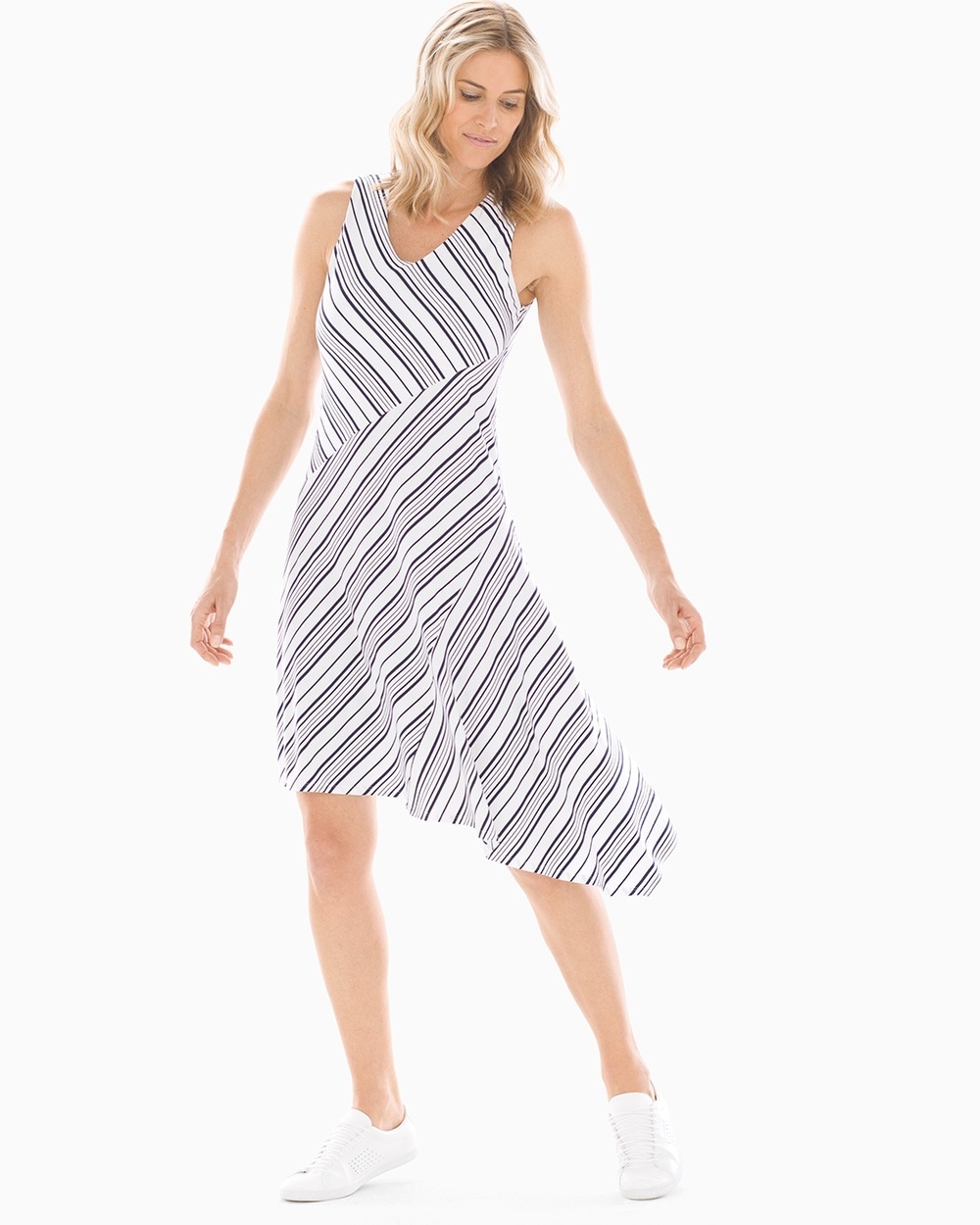 Soft Jersey Asymmetrical Hem Midi Dress Amity Stripe White