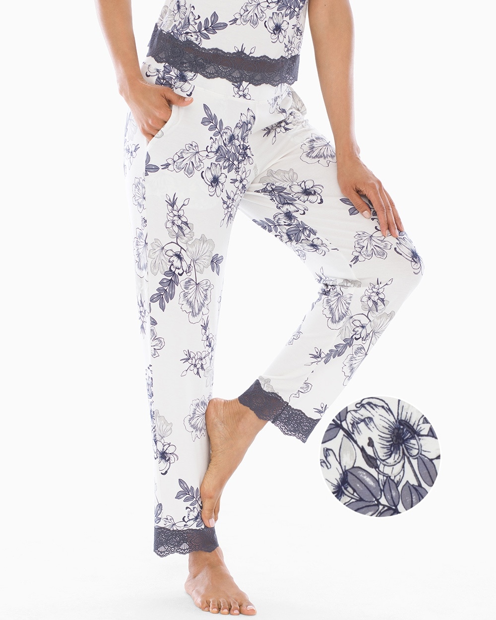 Cool Nights Lace Trim Ankle Pajama Pants Luminous Floral Ivory