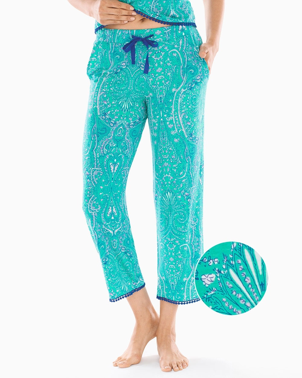 Cool Nights Pom Trim Crop Pajama Pants Springtime Paisley Cabana