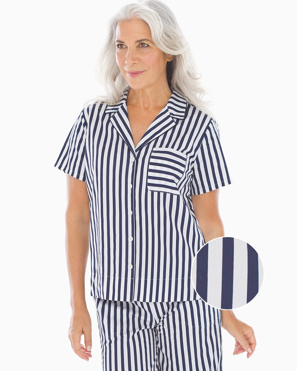 Cool Cotton Stretch Woven Short Sleeve Notch Collar Pajama Top Capri Stripe Navy