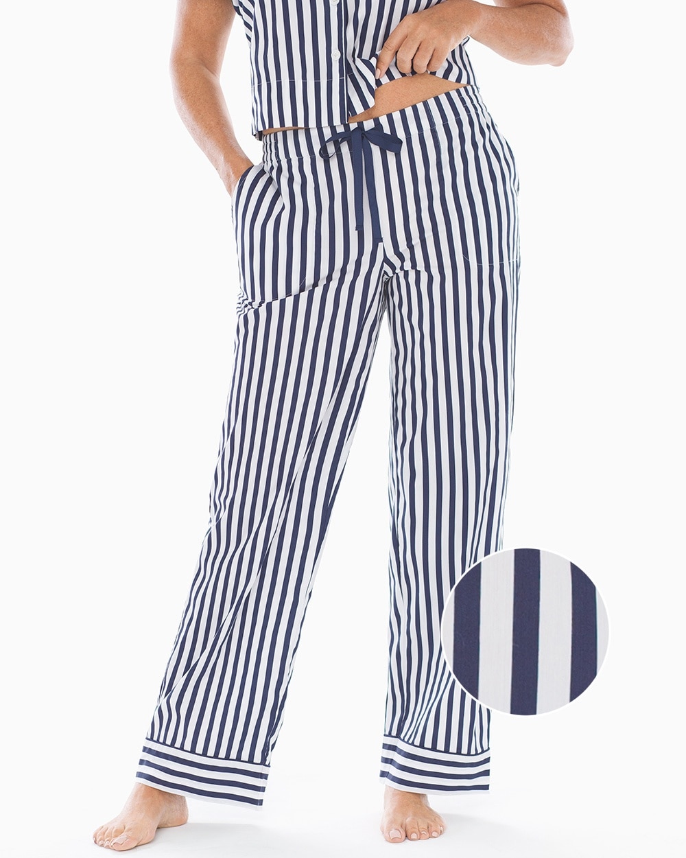 Cool Cotton Stretch Woven Pajama Pants Capri Stripe Navy