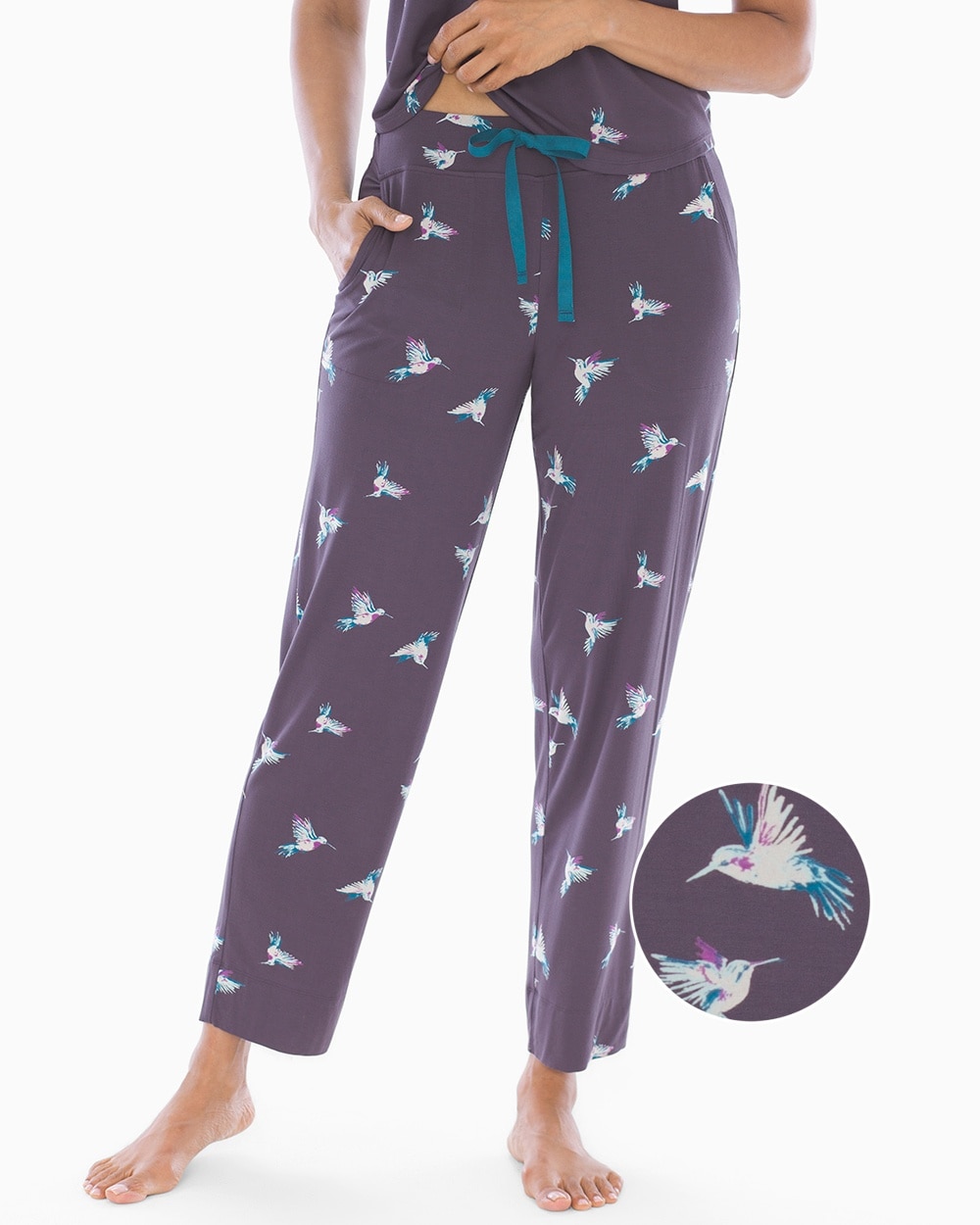 Cool Nights Grosgrain Trim Ankle Pajama Pants Hummingbirds Nightshade