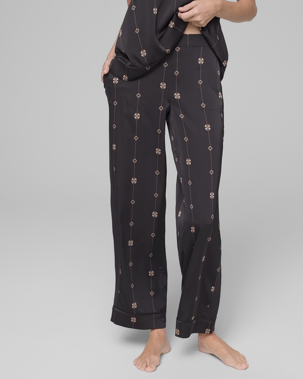 Stretch Satin with Cool Nights Trim Pajama Pants Gilded Geo Black
