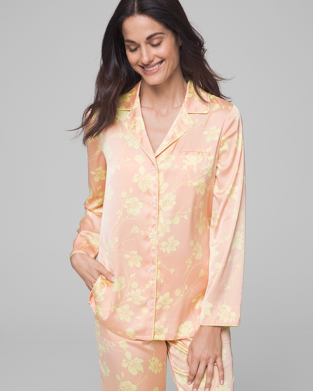 Satin Long Sleeve Notch Collar Pajama Top