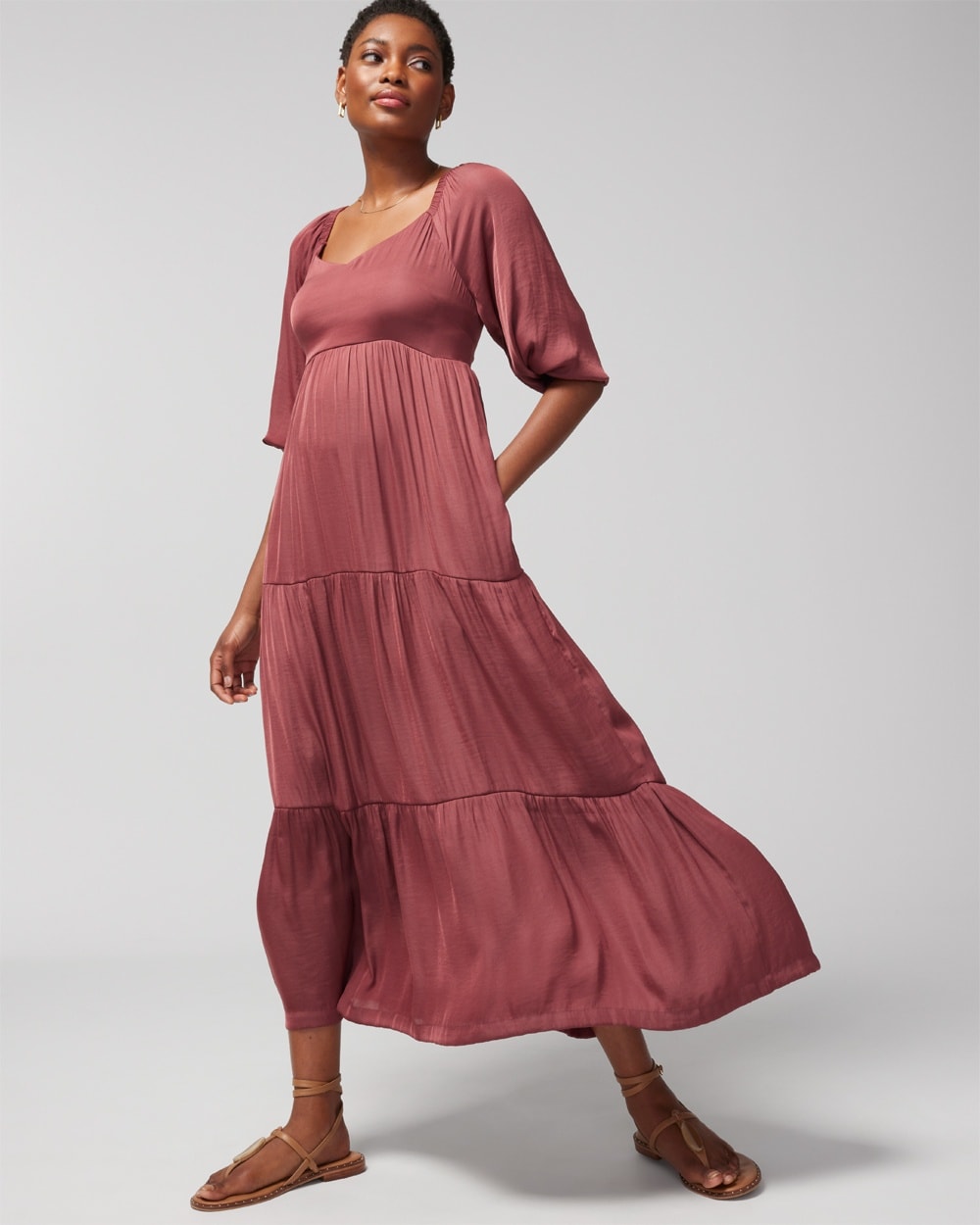 Crinkle Satin V-Neck Tiered Maxi Bra Dress - WA