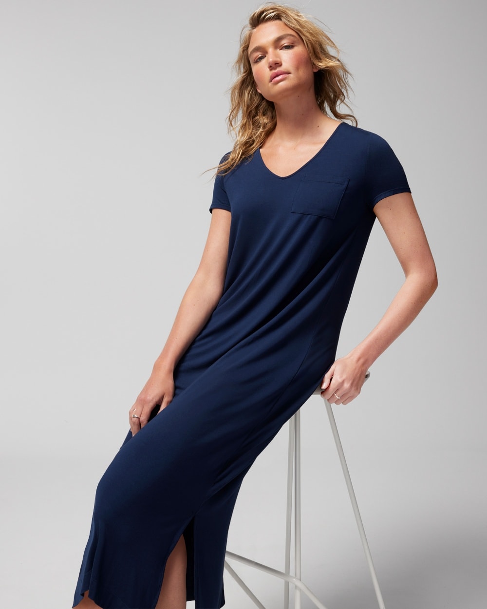 Soma Women's Cool Nights Short Sleeve Long Night Gown In Navy Blue Size Medium |  In Nightfall Navy Blue