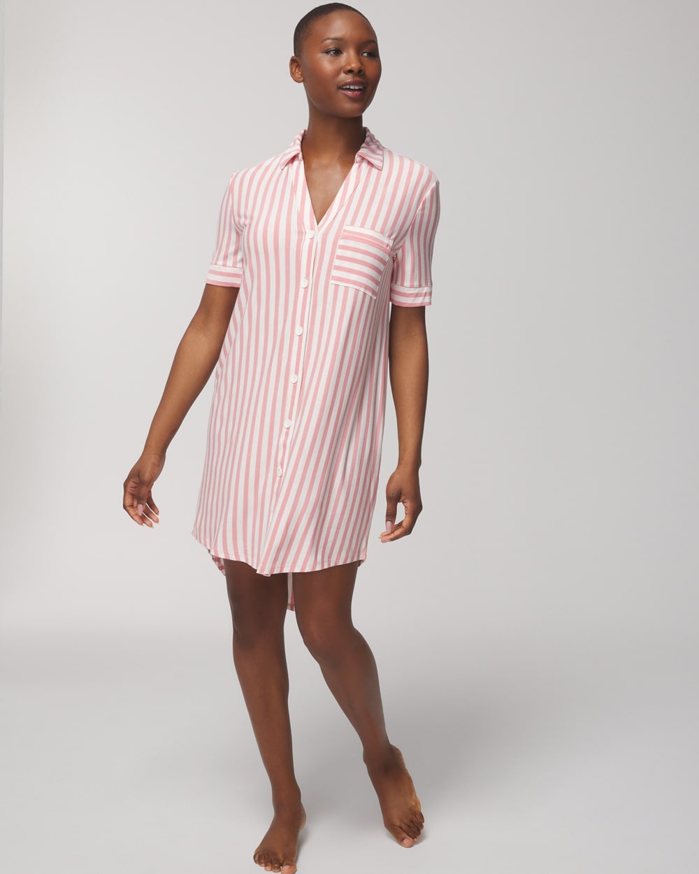 Soma Women's Cool Nights Button-front Night Gown In Capri Stripe Blush Pink Size Medium |