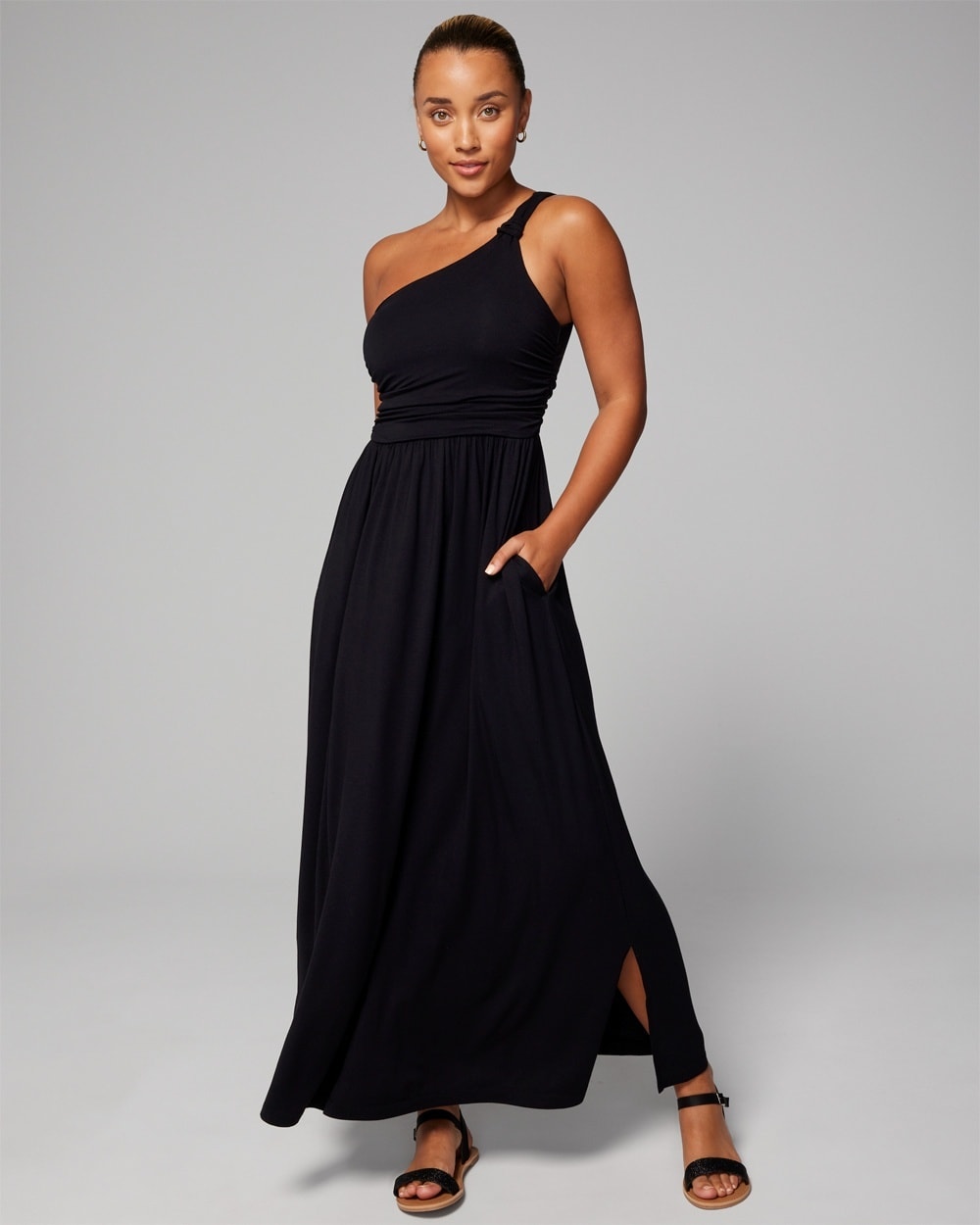 Women's Soft Jersey One-shoulder Knot Maxi Bra Dress In Black Size Large 