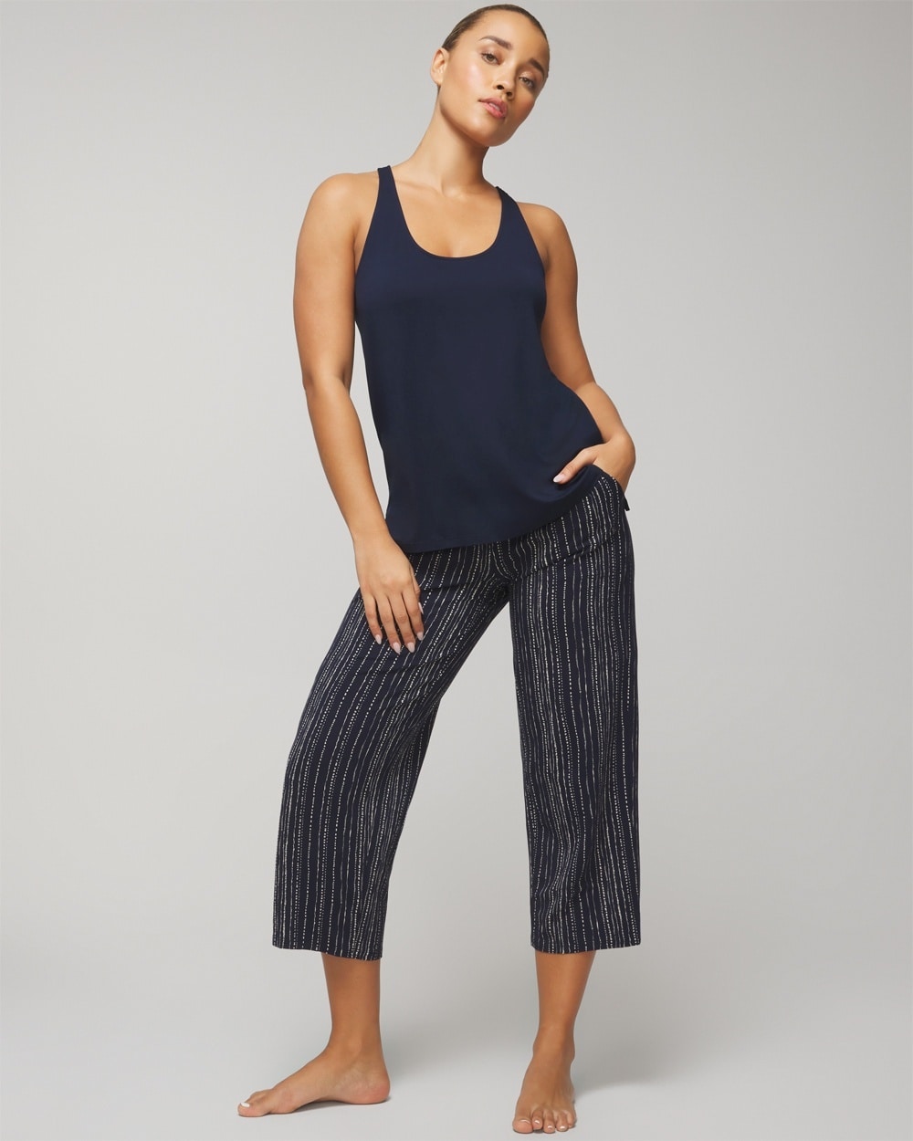 Soma Women's Cool Nights Sleep Tank Top + Crop Pajama Pants Set In Navy Blue Size Small |  In Meandering Stripe V Navy