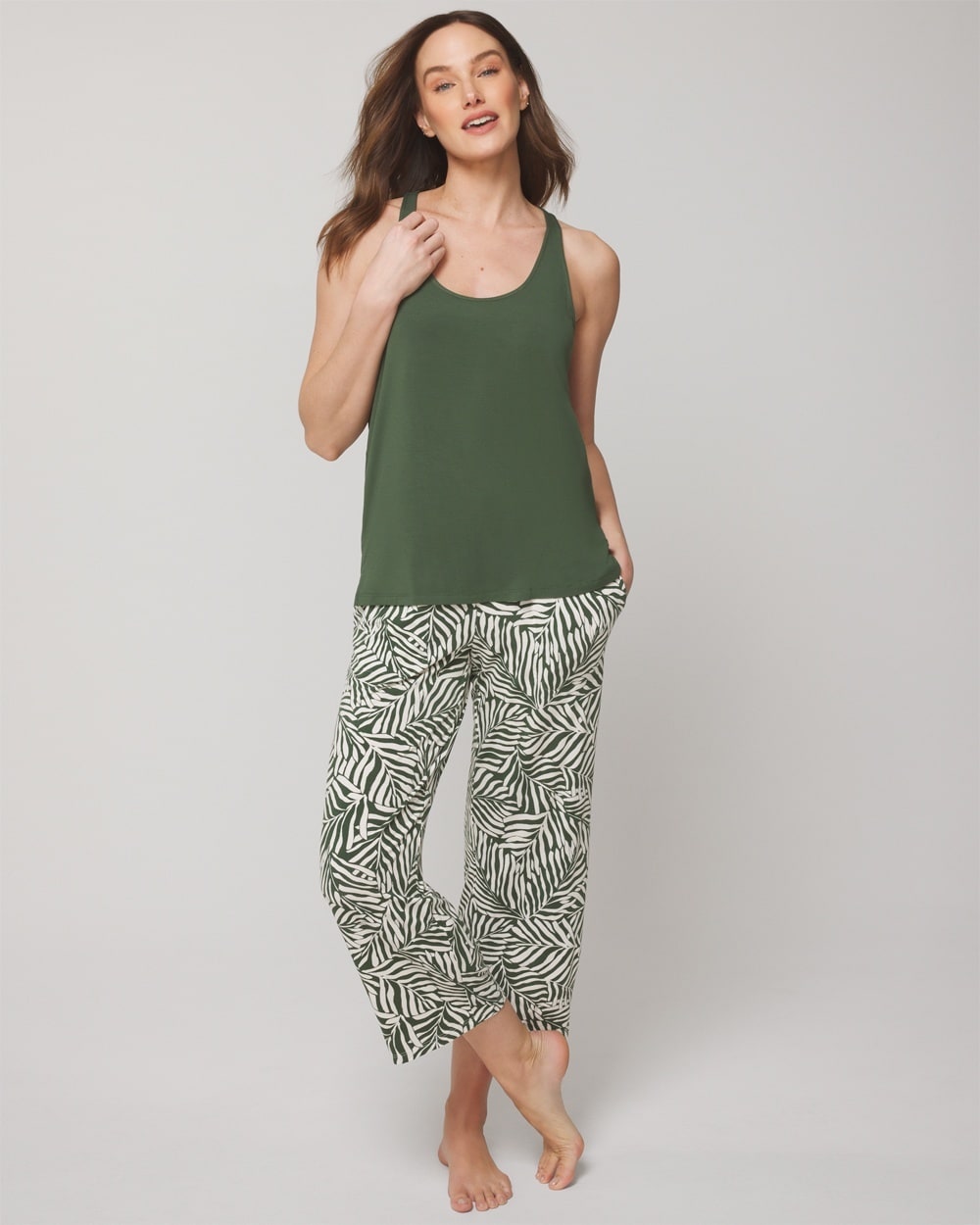 Soma Women's Cool Nights Sleep Tank Top + Crop Pajama Pants Set In Green Size Xs |  In Unbeleafable Mini Ivy