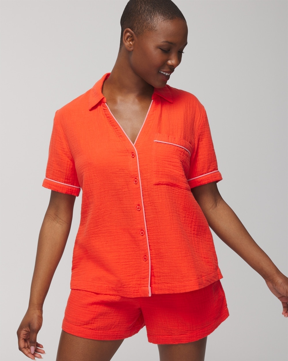 Soma Women's Cotton Gauze Short Sleeve Pajama Top In Island Guava Size Xs |