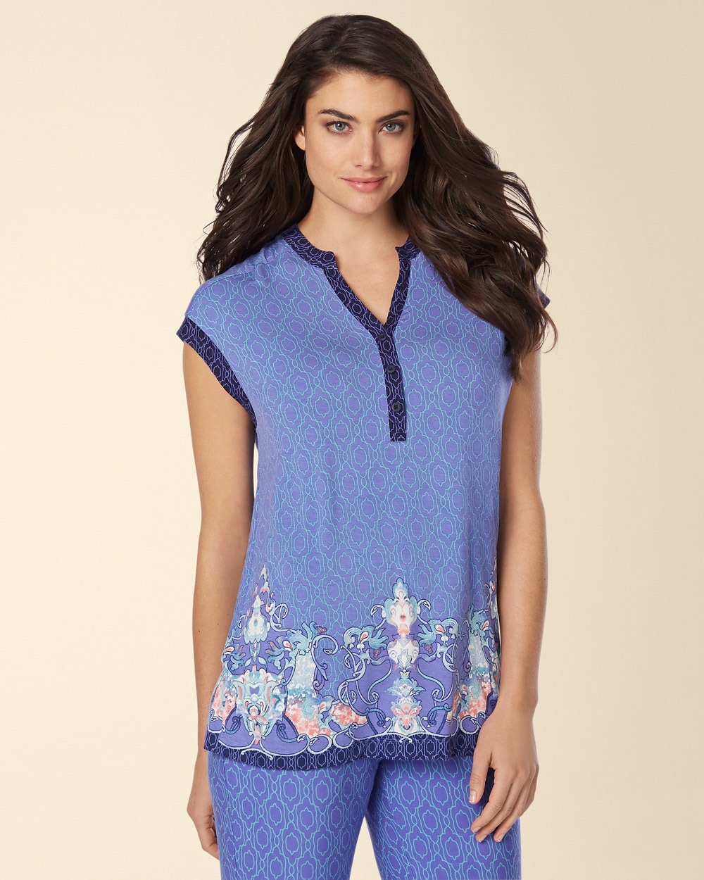 Embraceable Cool Nights Pop Over Pajama Top Angelic Scroll Border
