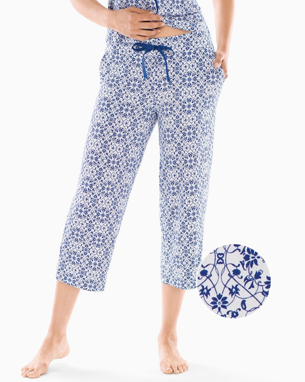 Cool Nights Grosgrain Trim Crop Pajama Pants Trellis Mini White Blue