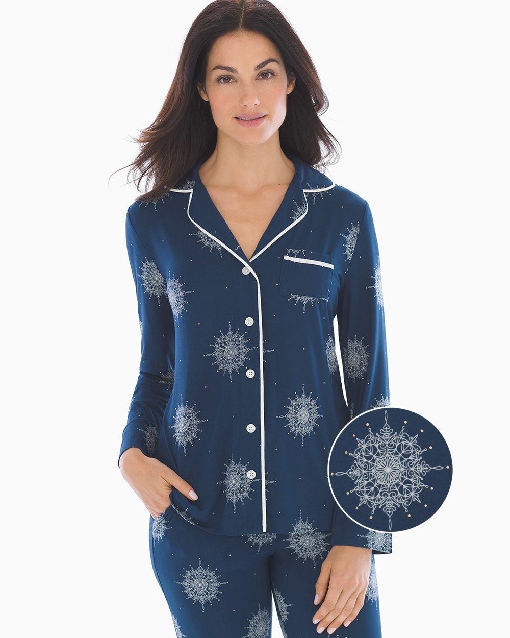 Cool Nights Long Sleeve Grosgrain Trim Notch Collar Pajama Top Snowflake Scroll Starry
