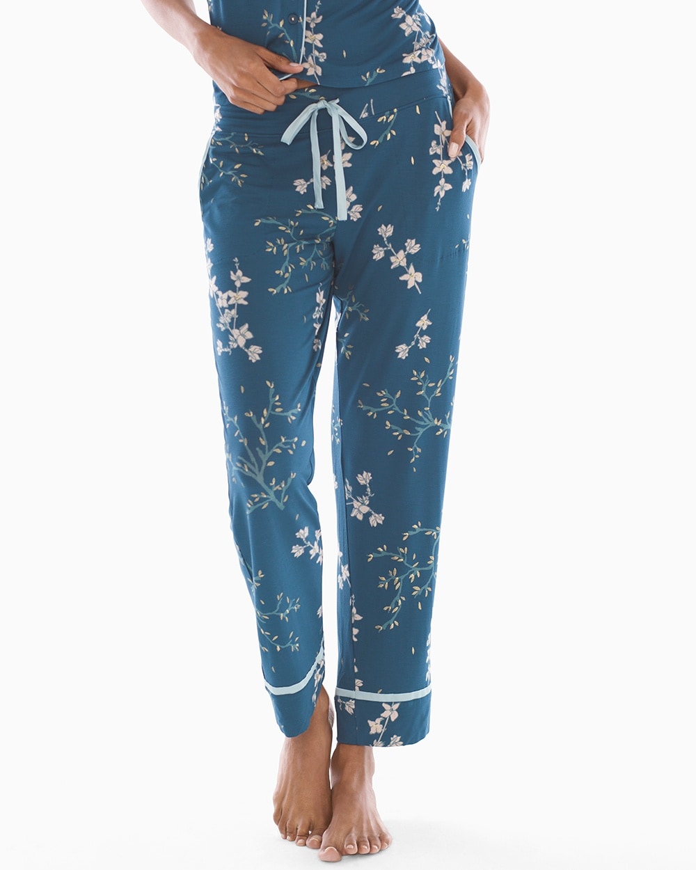 Cool Nights Satin Trim Ankle Pajama Pants Alluring Floral Blue