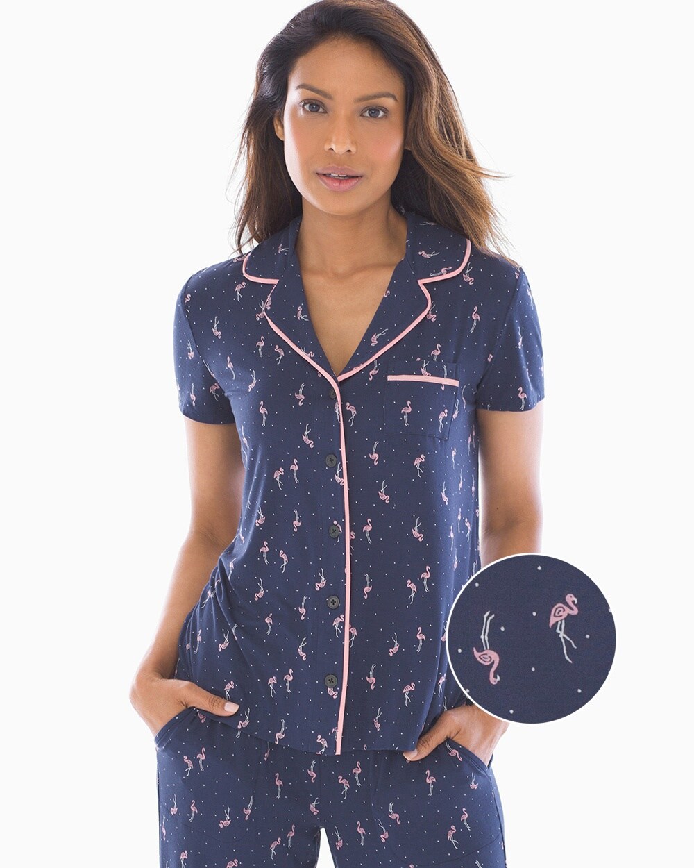 Cool Nights Short Sleeve Grosgrain Trim Notch Collar Pajama Top Tropic Flock Navy