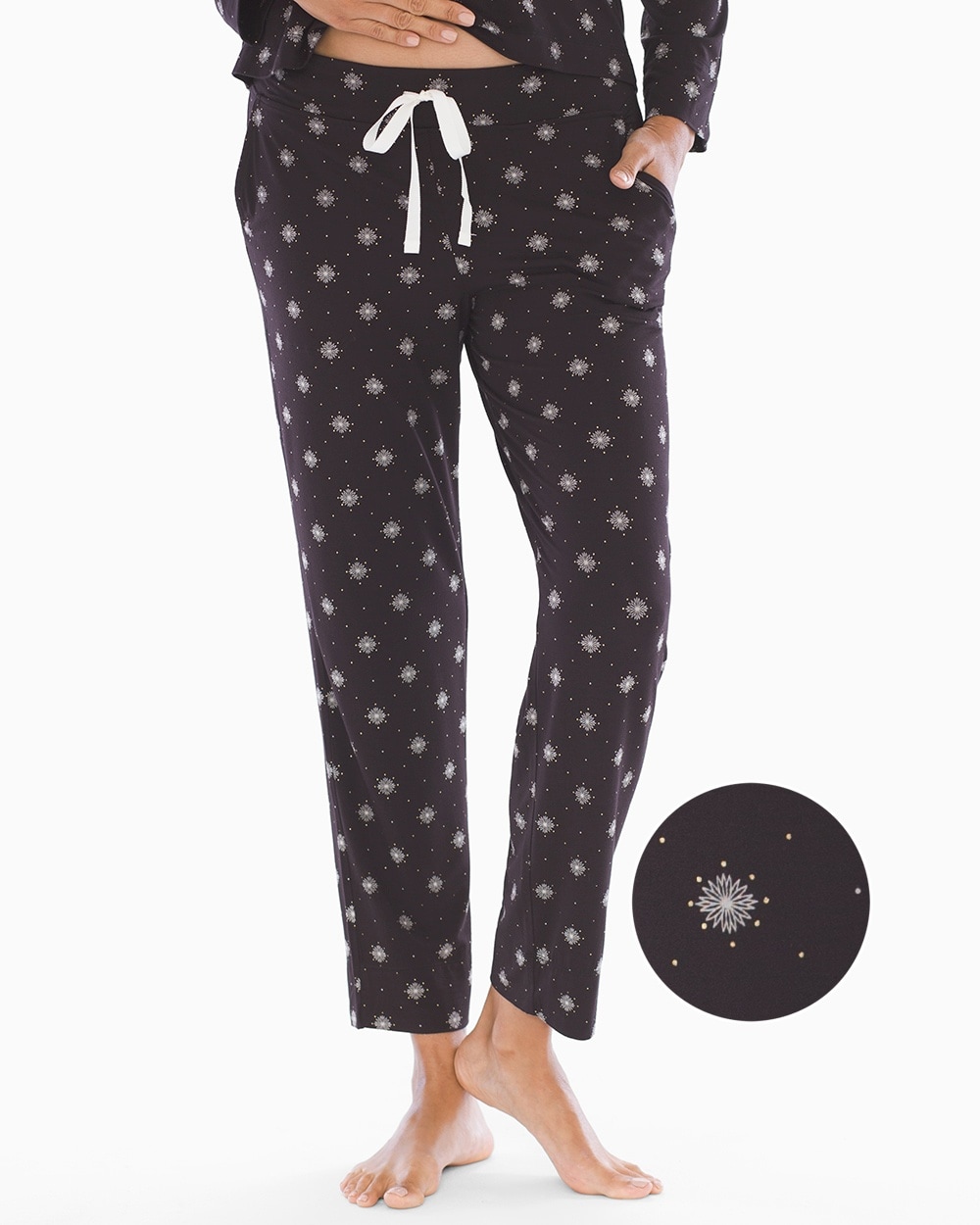 Cool Nights Grosgrain Trim Ankle Pajama Pants Snowflakes Black