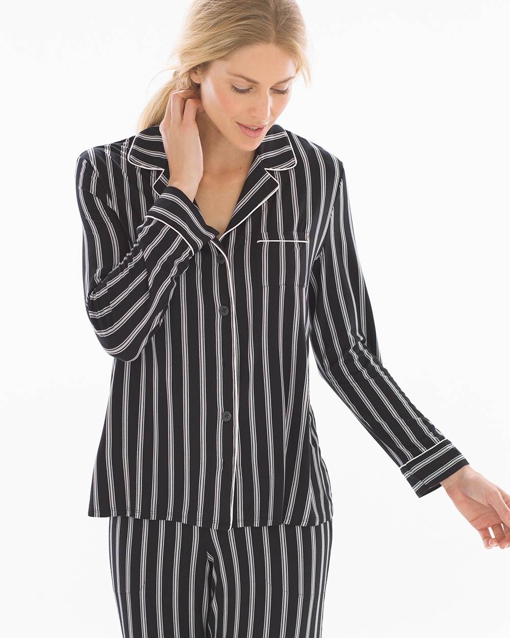 Cool Nights Long Sleeve Notch Collar Pajama Top Awakened Stripe Black