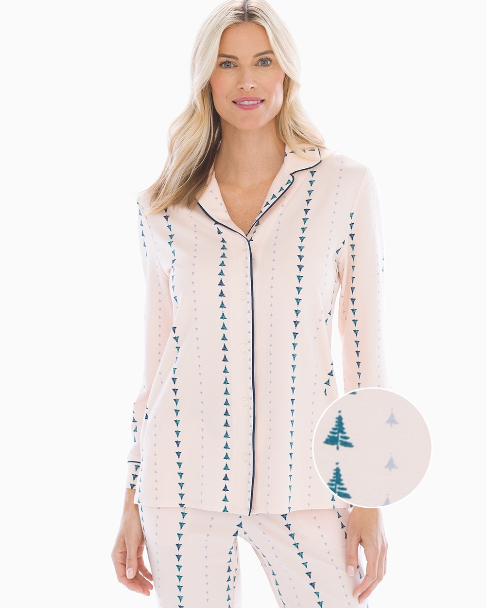 Embraceable Long Sleeve Notch Collar Pajama Top Tree Stripe Porcelain