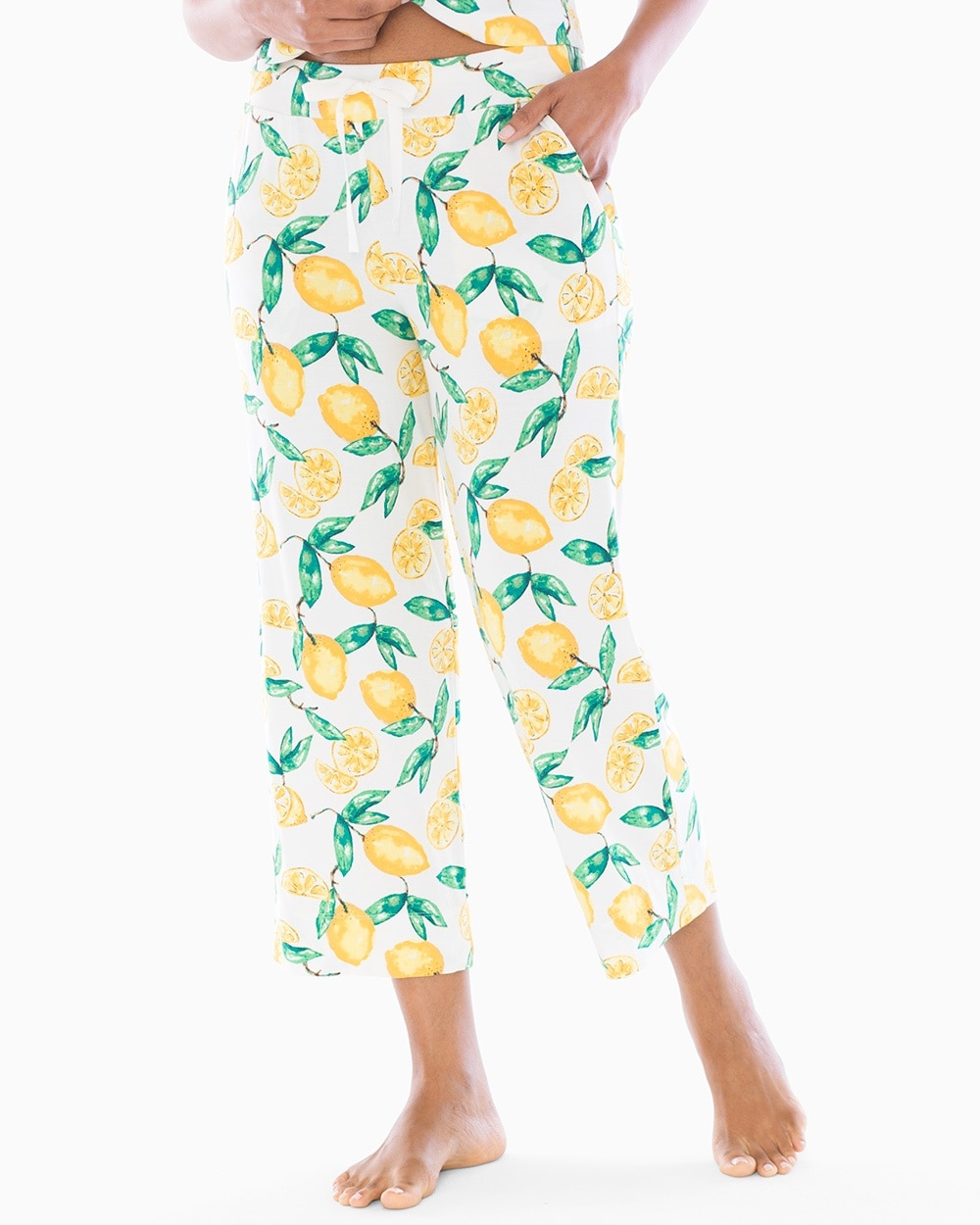 Cool Nights Grosgrain Trim Crop Pajama Pants Lemon Citrus Ivory