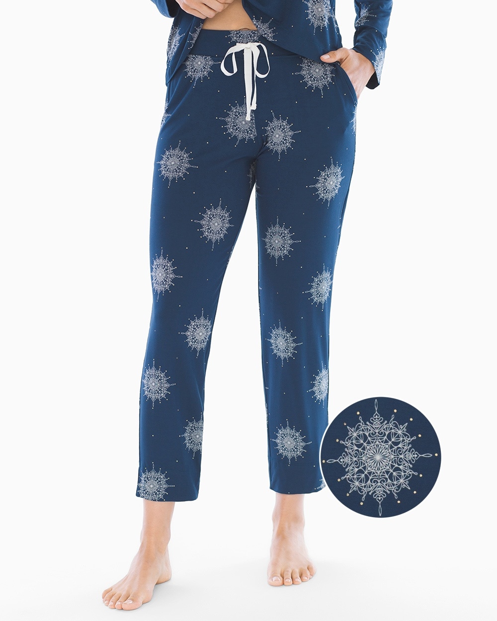 Cool Nights Grosgrain Trim Ankle Pajama Pants Snowflake Scroll Starry