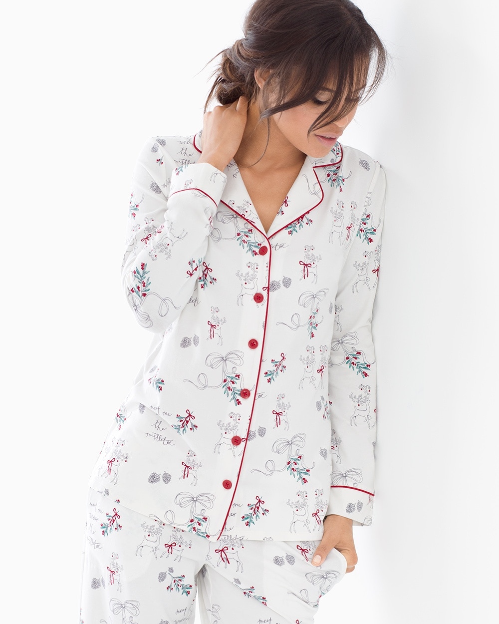 Embraceable Long Sleeve Notch Collar Pajama Top Mistletoe Ivory