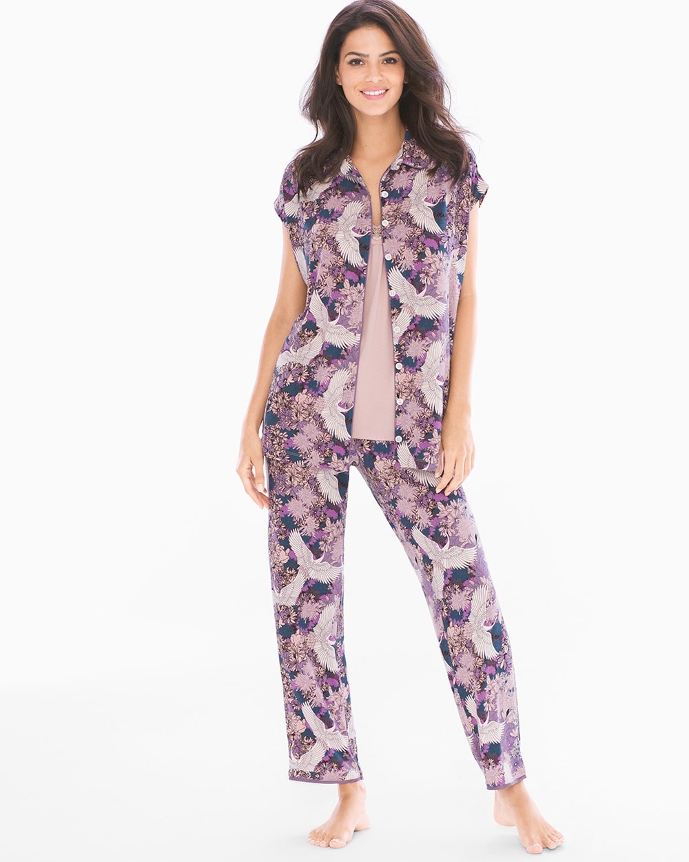 Cool Nights Cap Sleeve Notch Collar Pajama Top Dynasty Floral Plum
