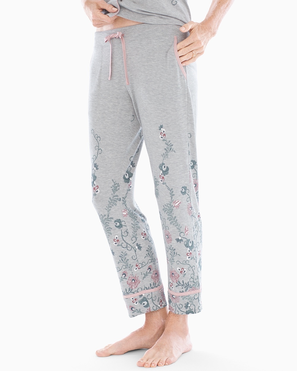 Cool Nights Satin Trim Ankle Pajama Pants Elegant Scroll Border Heather