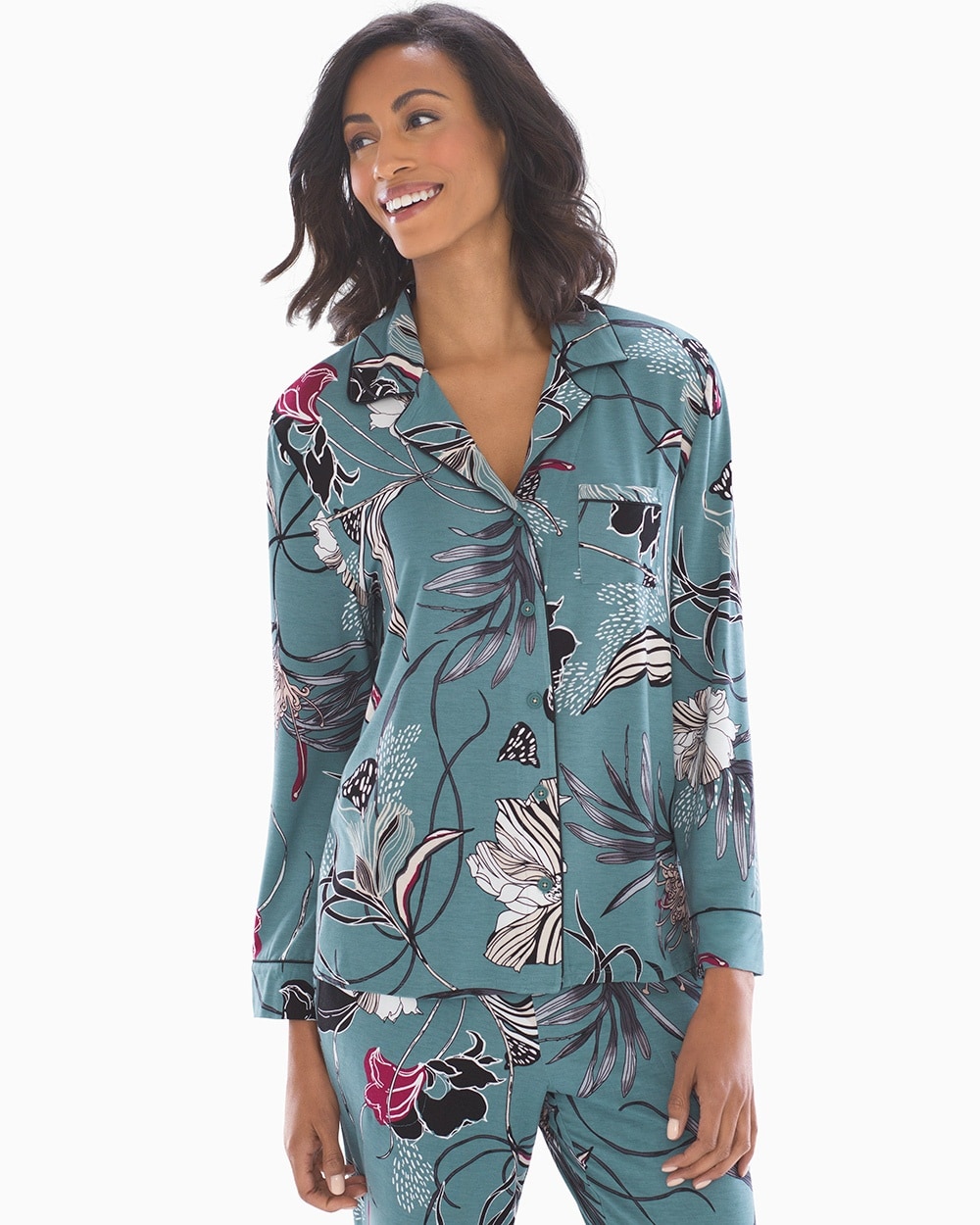 Cool Nights Long Sleeve Notch Collar Pajama Top Kimono Floral Atlantic