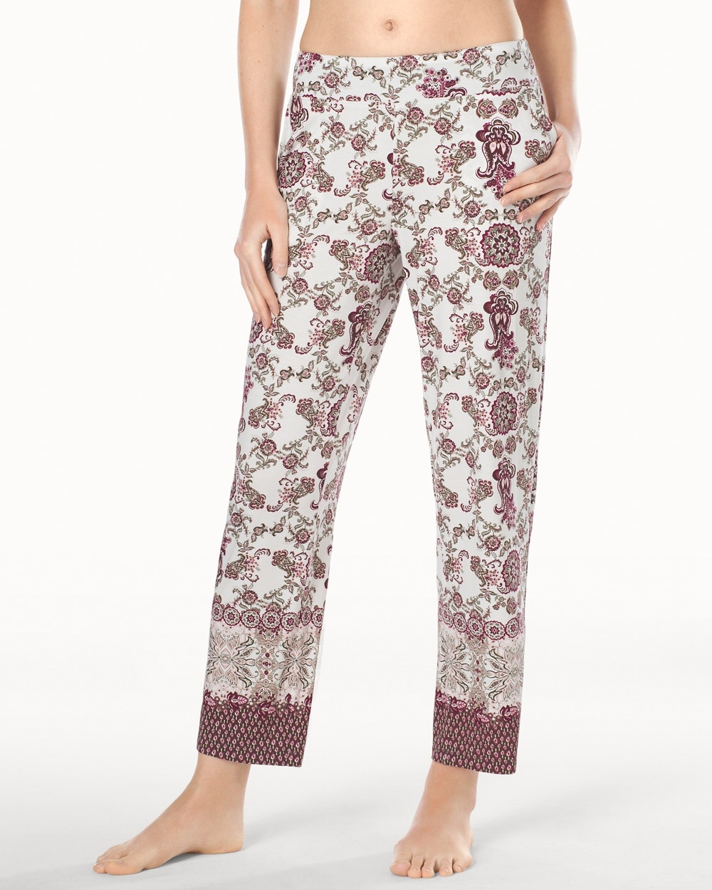 Embraceable Cool Nights Ankle Pajama Pants Dainty Floral Ivory Border