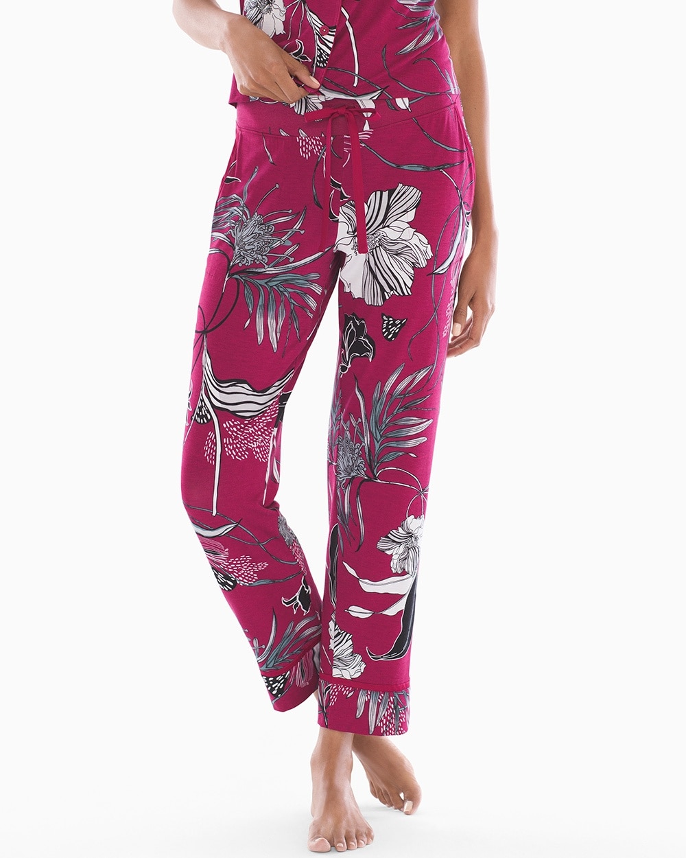 Cool Nights Satin Trim Ankle Pajama Pants Kimono Floral Cranberry
