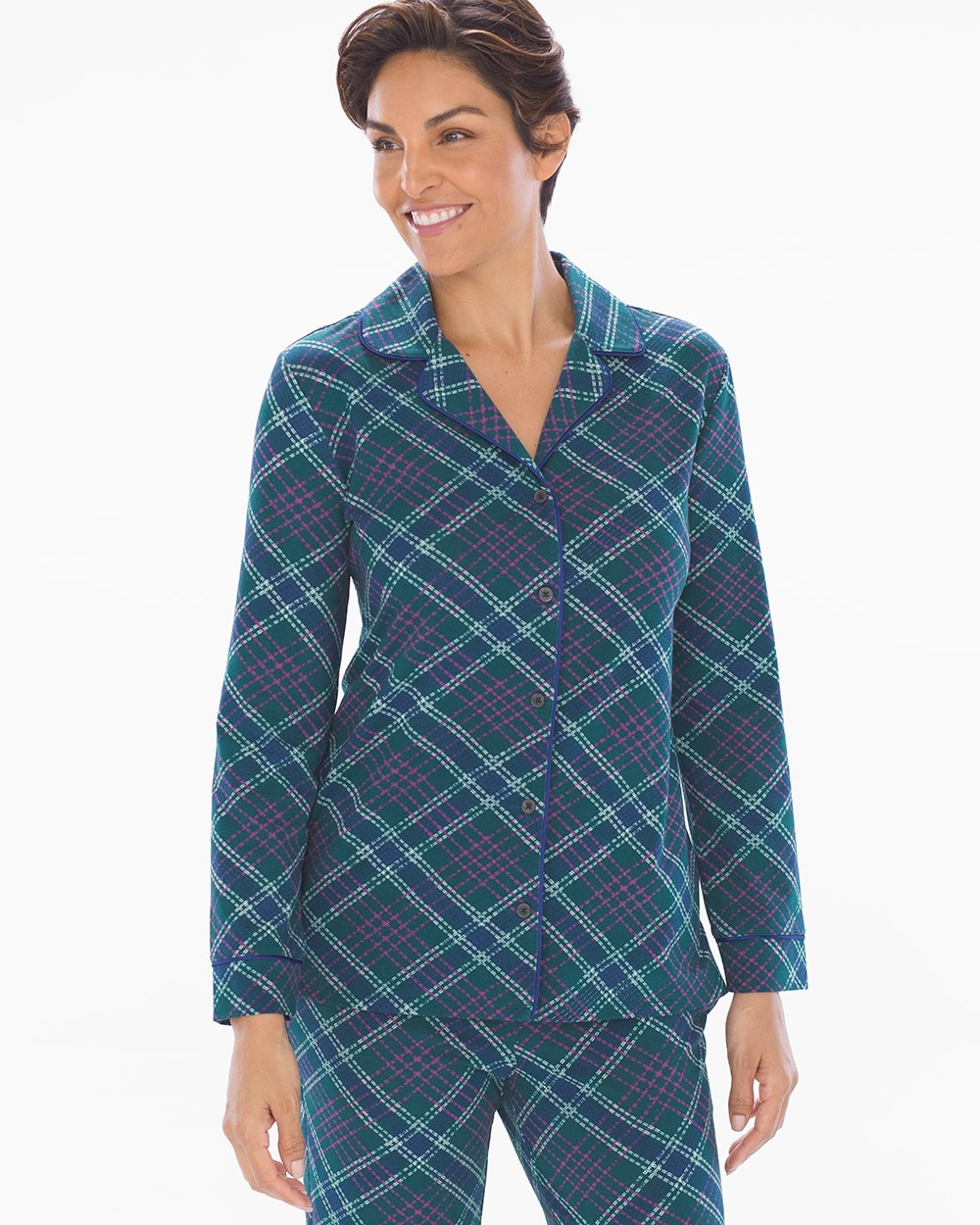 Embraceable Long Sleeve Notch Collar Pajama Top Modern Plaid Deep Teal