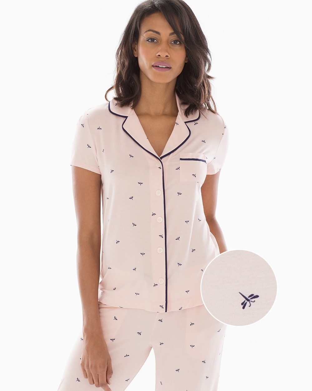 Cool Nights Short Sleeve Grosgrain Trim Notch Collar Pajama Top Dragonfly Peach Blossom
