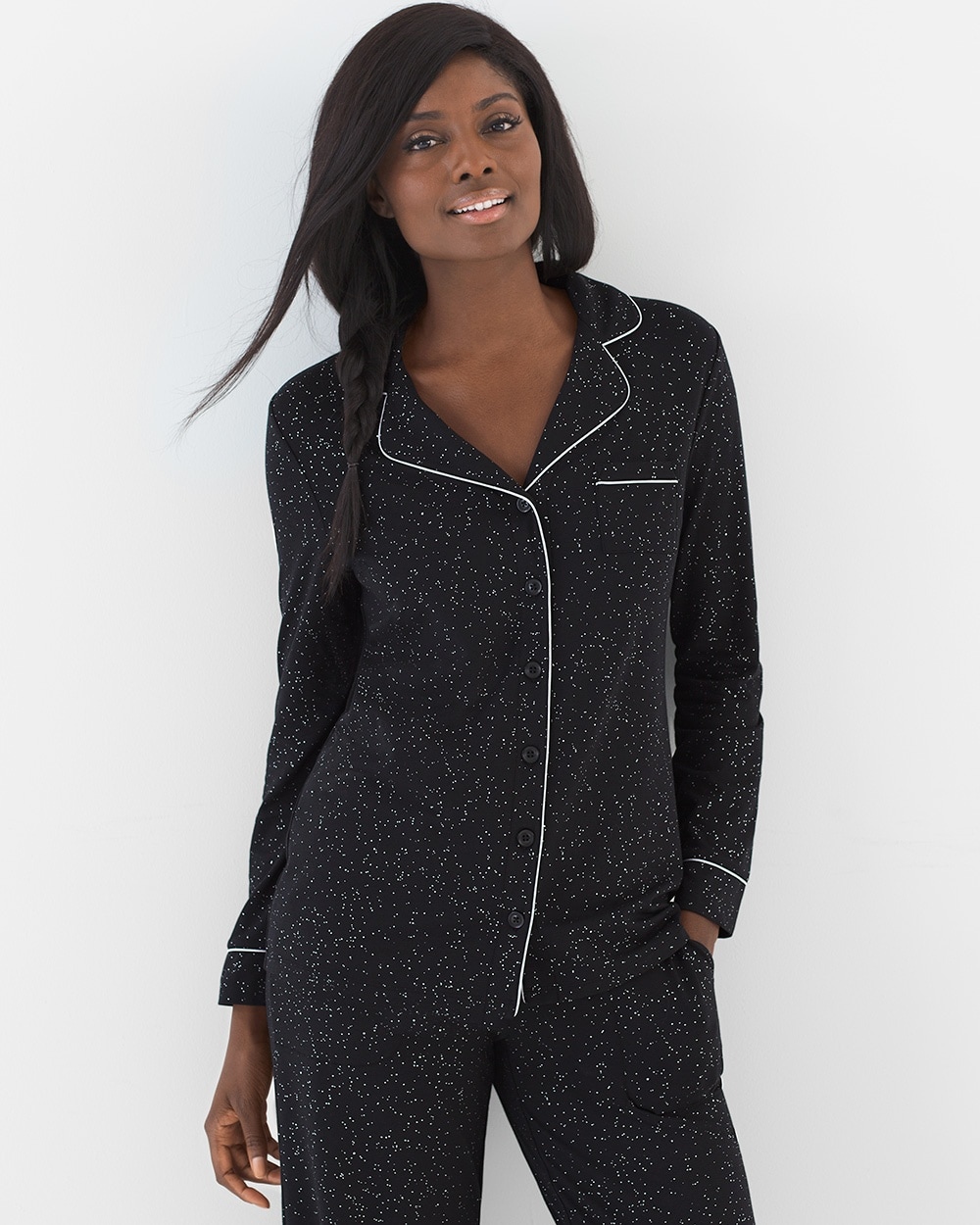 Embraceable Long Sleeve Notch Collar Pajama Top Glittered Black
