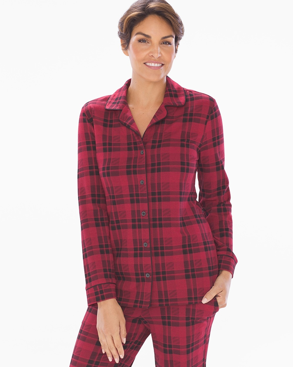 Embraceable Long Sleeve Notch Collar Pajama Top Peace And Joy Plaid Red