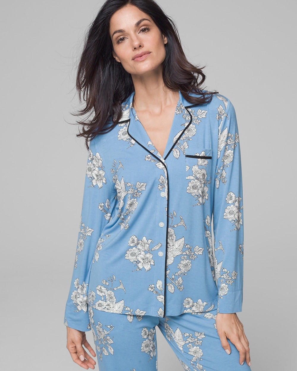 Cool Nights Long Sleeve Grosgrain Trim Notch Collar Pajama Top Elaborate Sketch Allure
