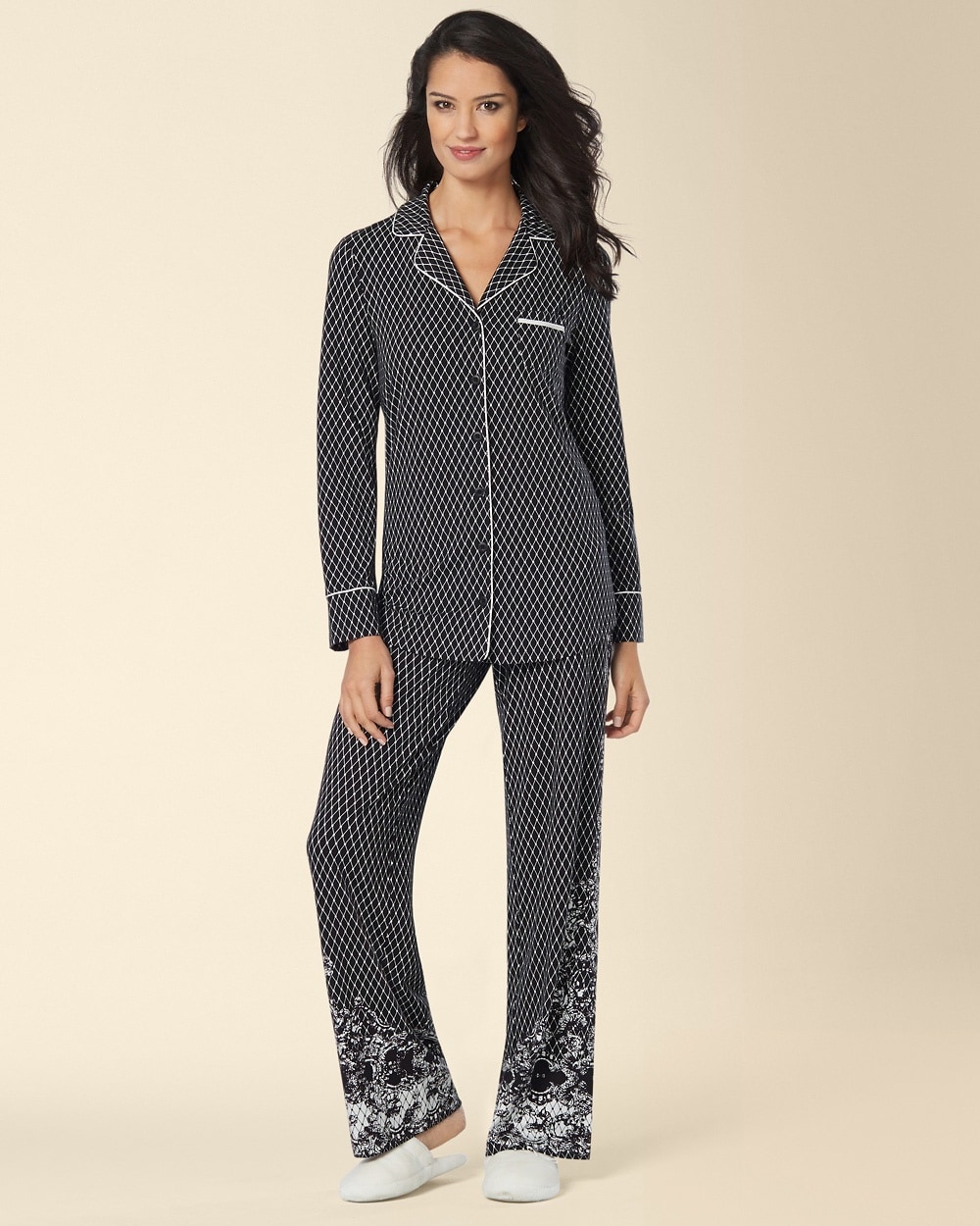 Long Sleeve Notch Collar Pajama Top Lace Galore Black Border - Soma
