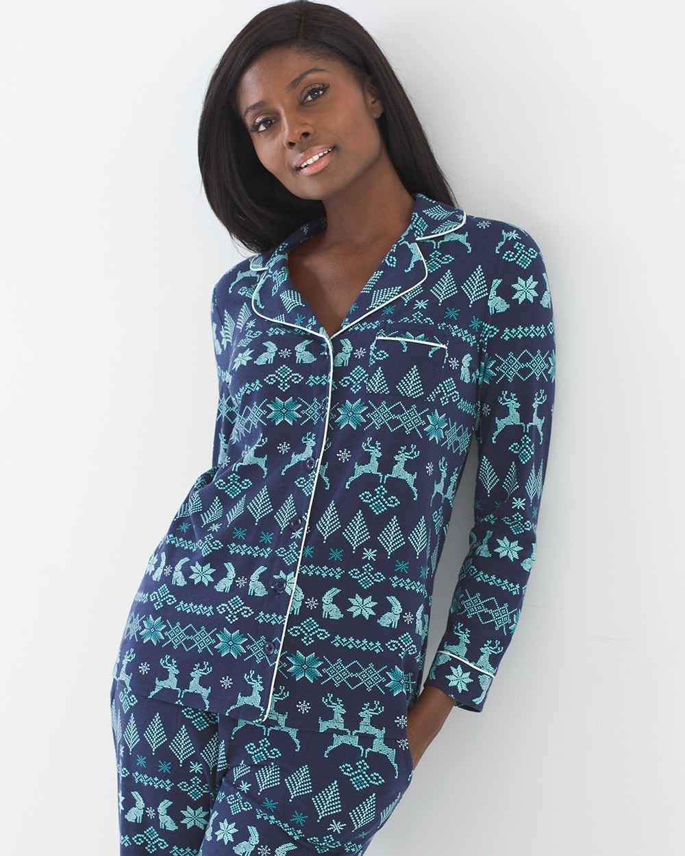 Embraceable Long Sleeve Notch Collar Pajama Top Cozy Stitch Navy