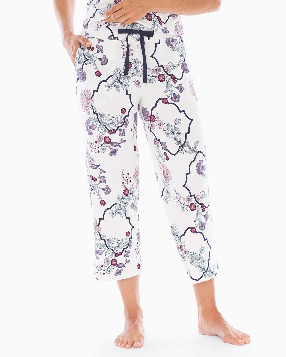 Cool Nights Grosgrain Trim Crop Pajama Pants Euphoric Floral Ivory