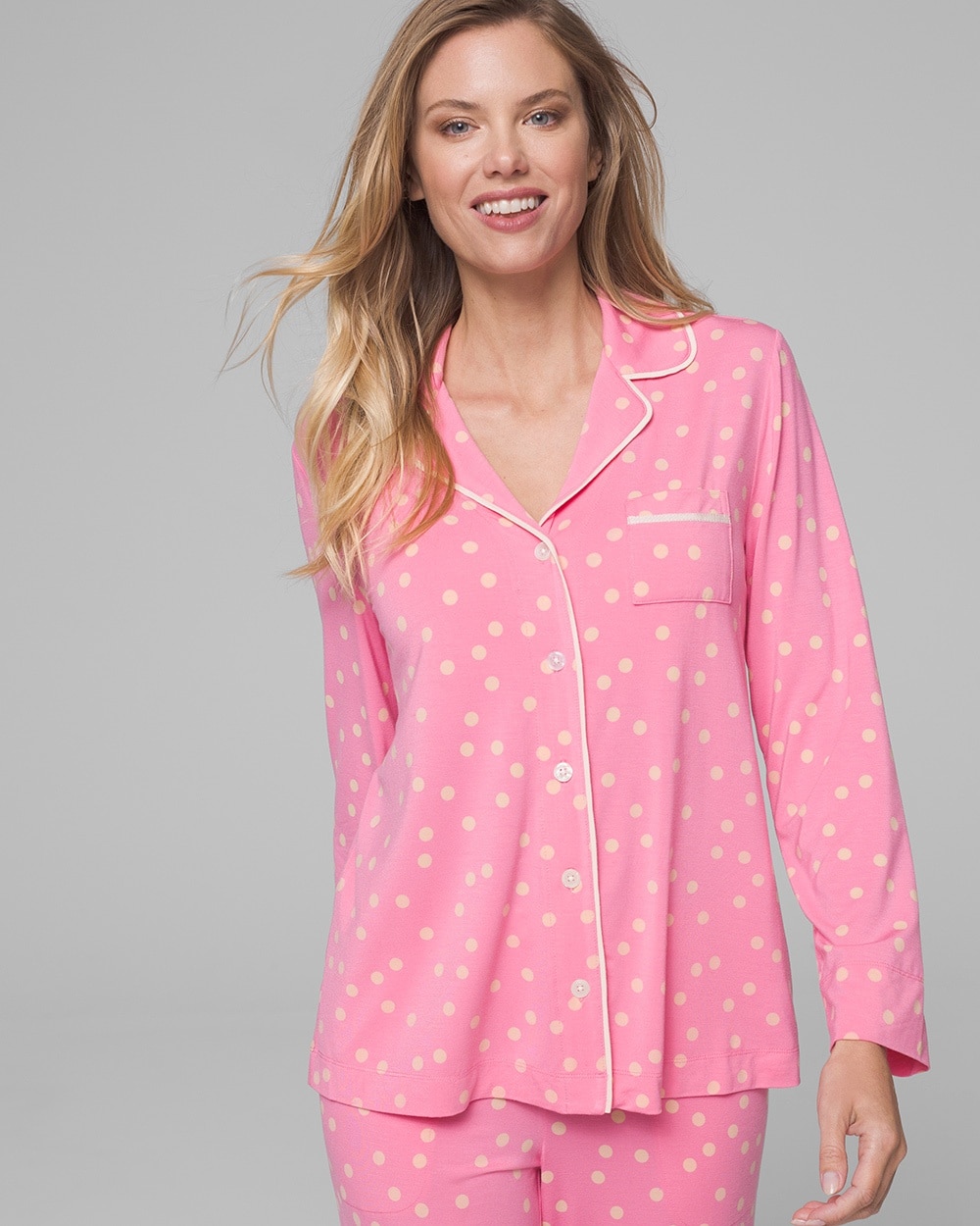 Cool Nights Long Sleeve Grosgrain Trim Notch Collar Pajama Top Festive Dot Pink