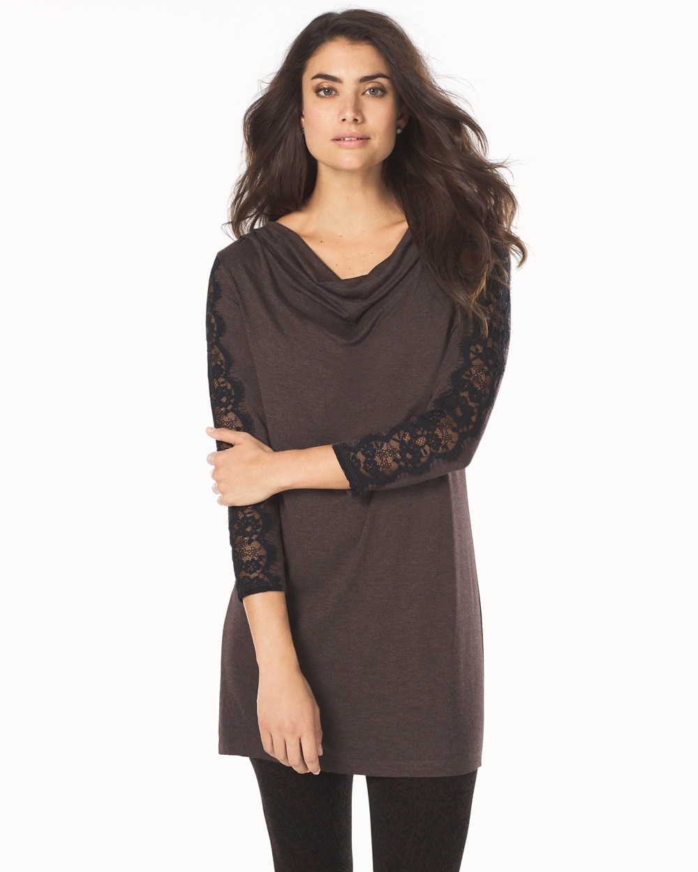 Live.Lounge.Wear. Lace Sleeve Tunic Heather Java With Black Lace