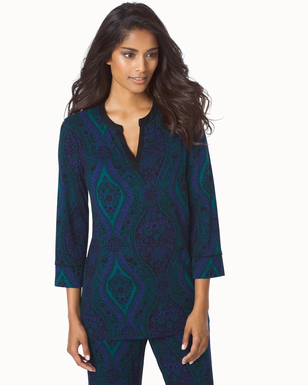 Embraceable Cool Nights 3/4 Sleeve Long Sleeve Pajama Top Floral Trellis Gem Green