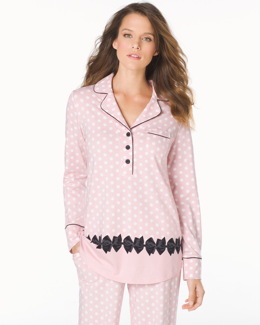 Embraceable Long Sleeve Popover Pajama Top Big Dot Pink Rom Bows Border