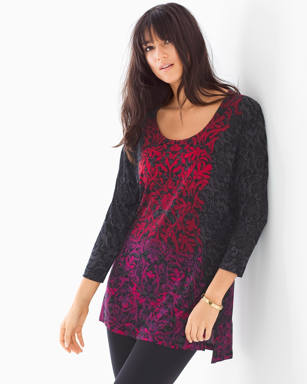 Soft Jersey Tunic with Side Slits Marco Courtly Scroll Ruby