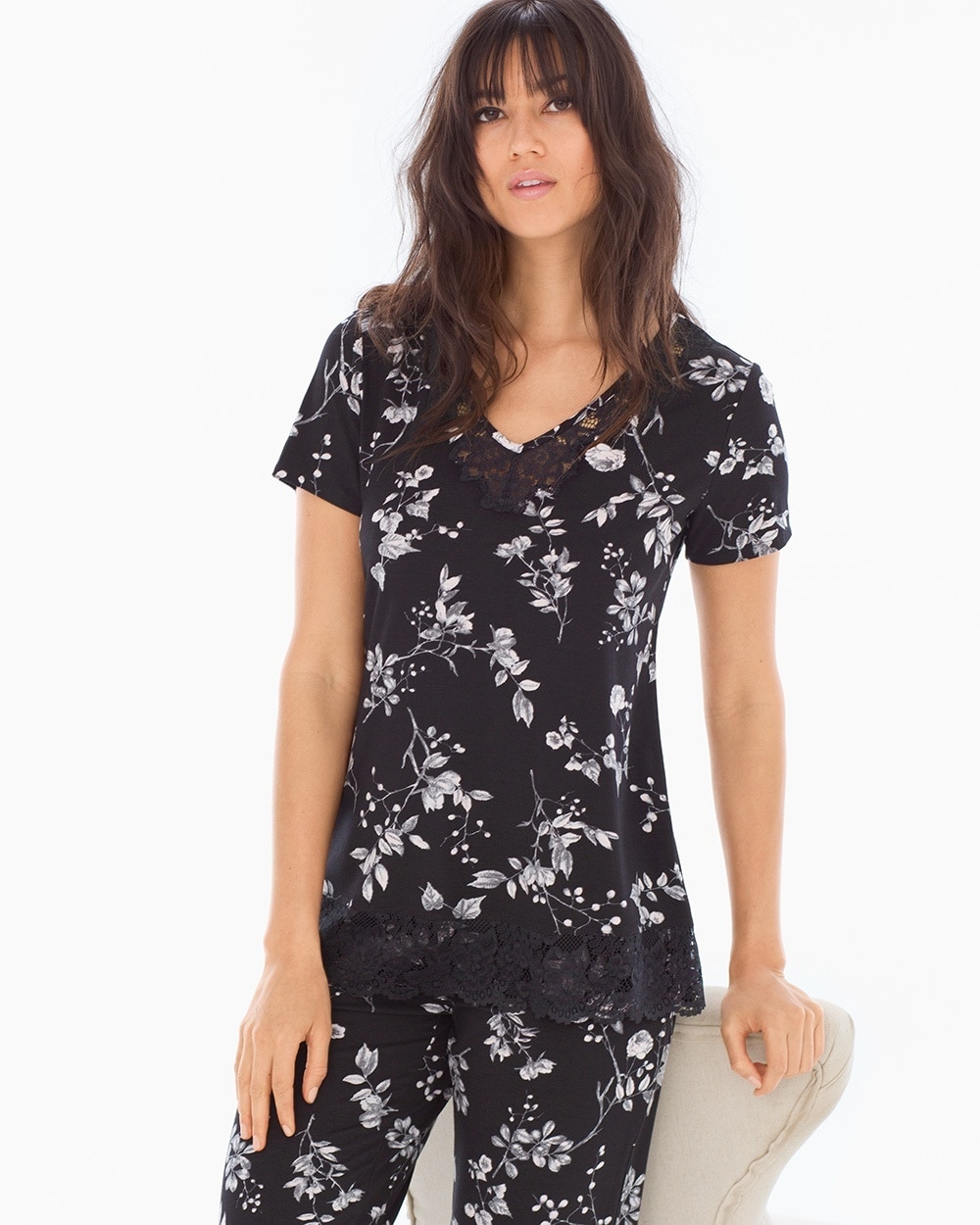 Cool Nights Lace Trim Short Sleeve Pajama Top Floral Faire Black